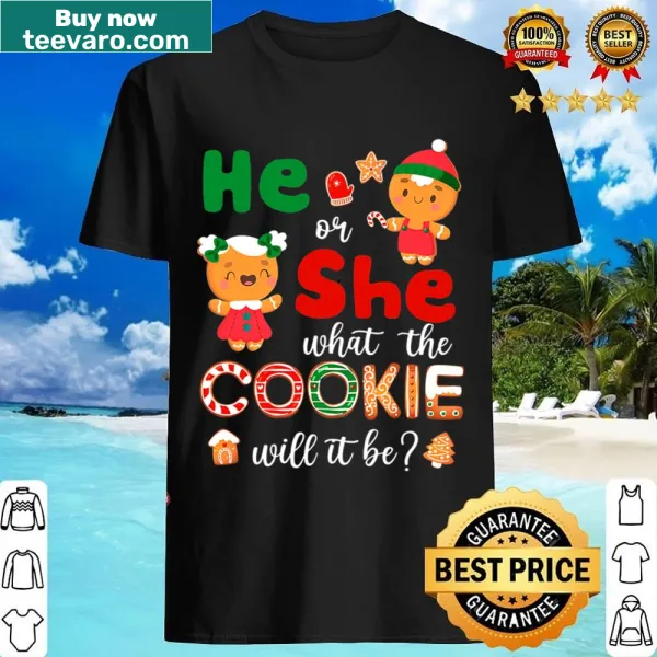 Christmas-themed gender reveal shirt with cookie question design