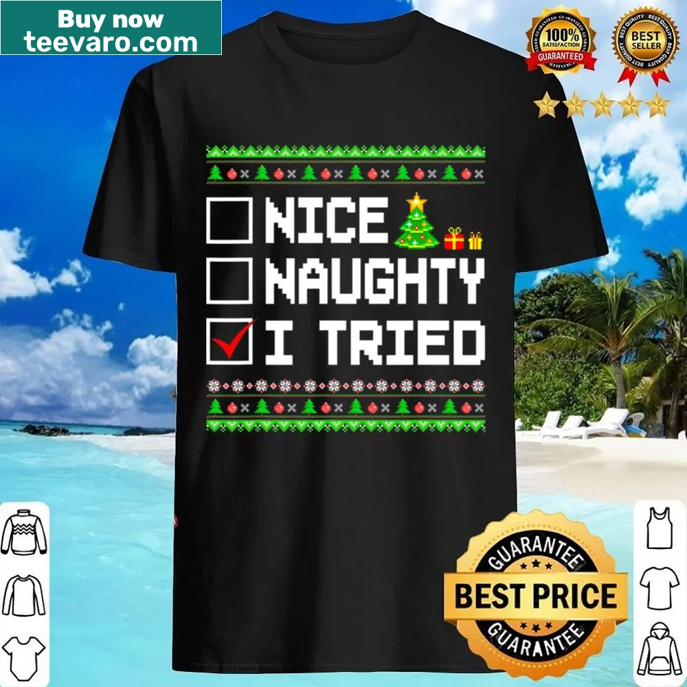 Humorous Christmas shirt for kids featuring 'Nice Naughty I Tried' text.