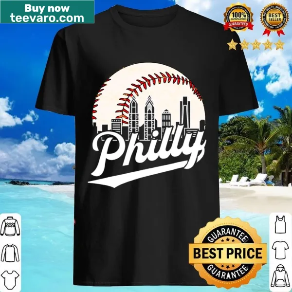 Vintage-style Philadelphia skyline with baseball theme on a shirt.