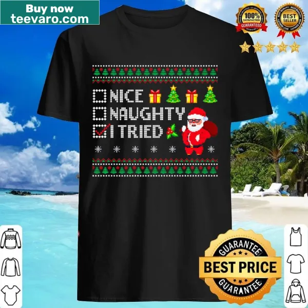Funny Christmas shirt with Santa's humorous Nice/Naughty list text