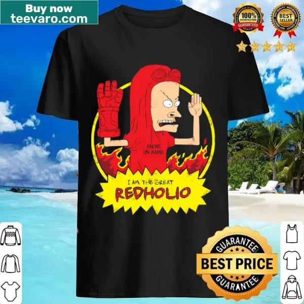 Humorous illustration of the character Redholio on a t-shirt