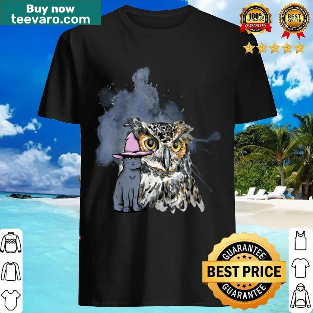 Playful shirt with a cat and an owl design for pet owners
