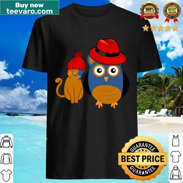 Charming shirt featuring a cat and an owl for animal lovers