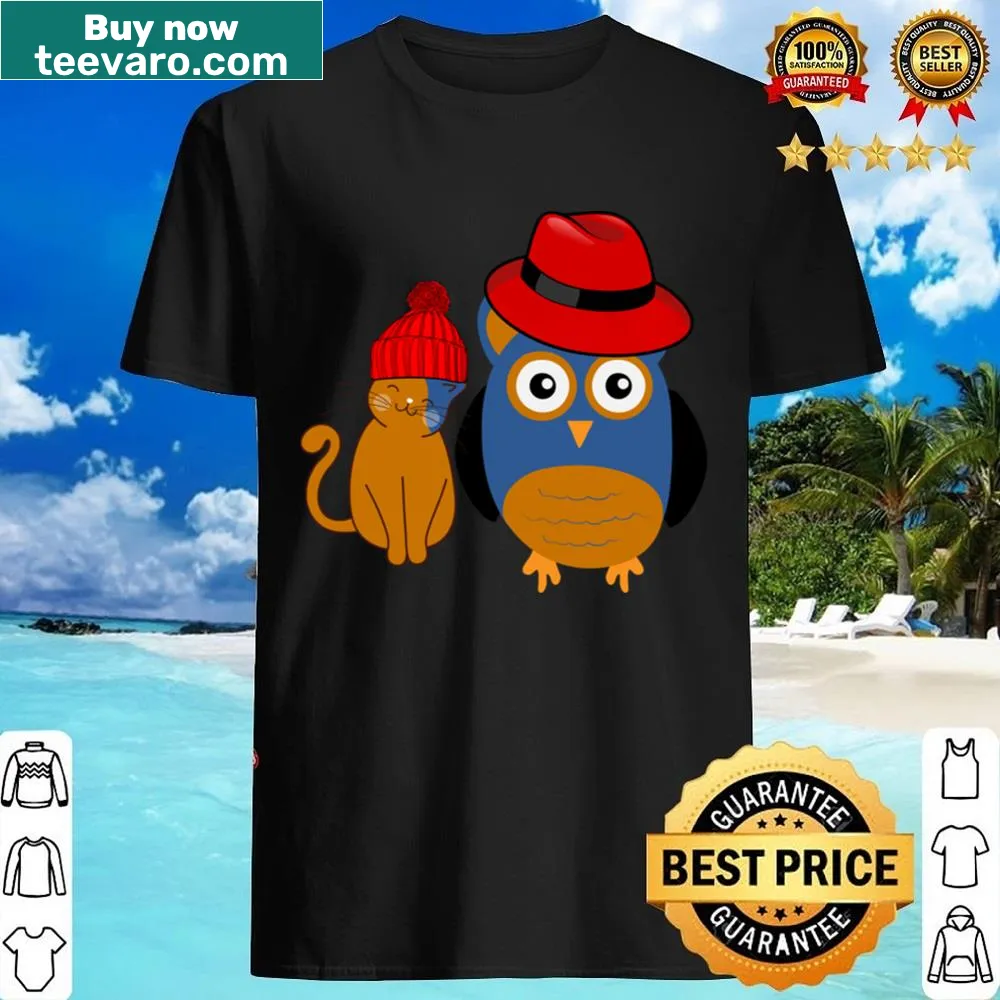 Charming shirt featuring a cat and an owl for animal lovers