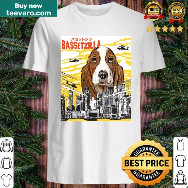 Funny Bassetzilla illustration on a pullover shirt