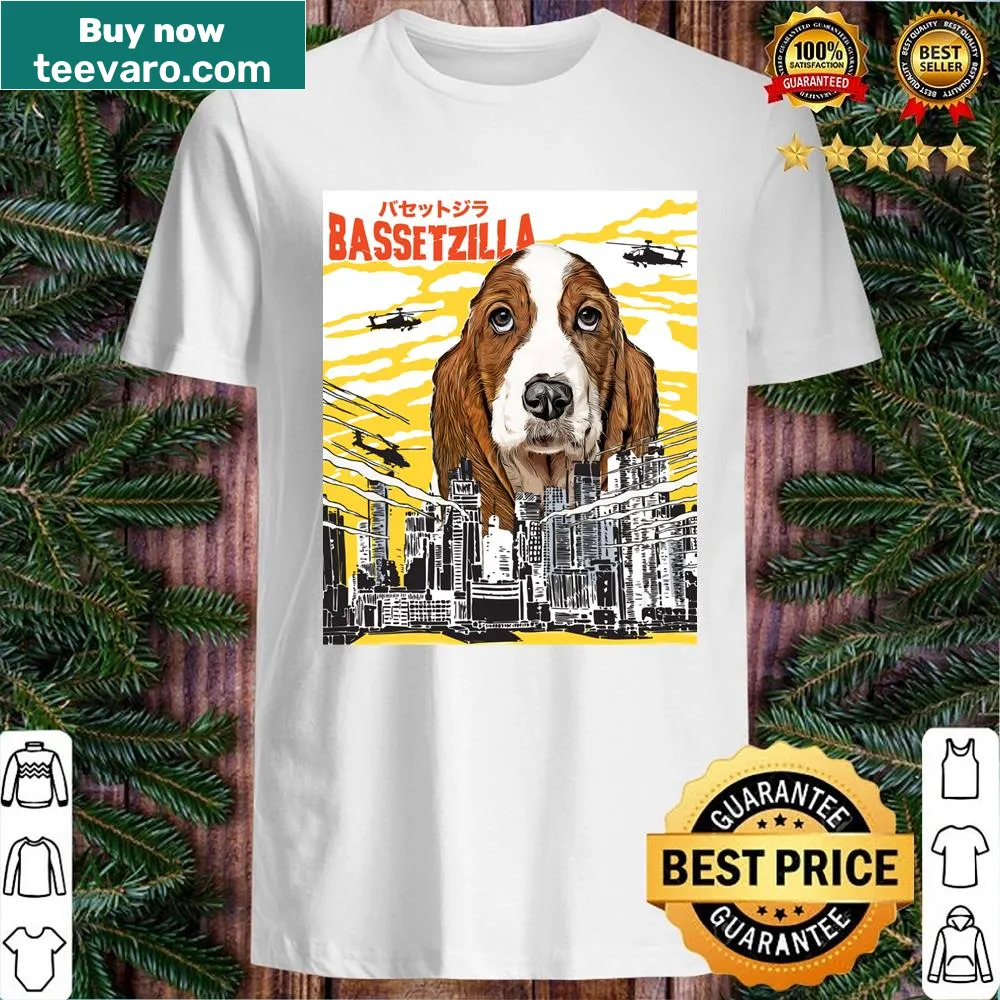 Funny Bassetzilla illustration on a pullover shirt