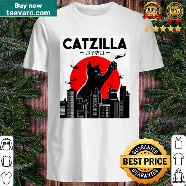 Cartoon-style Catzilla graphic on a funny cat t-shirt