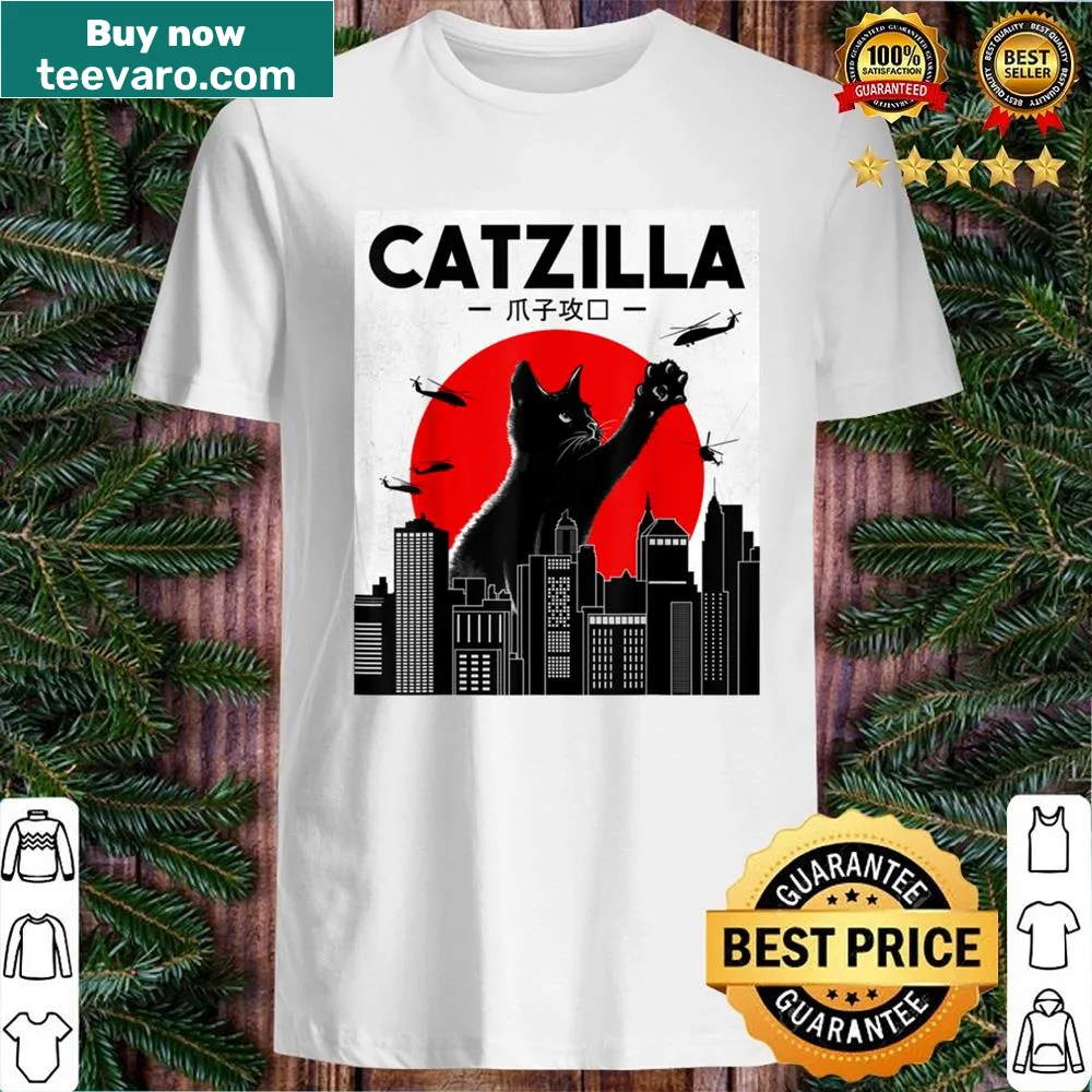 Cartoon-style Catzilla graphic on a funny cat t-shirt