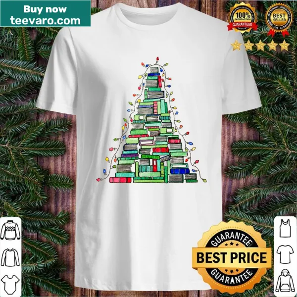 T-shirt with a whimsical Christmas tree made of books illustration.