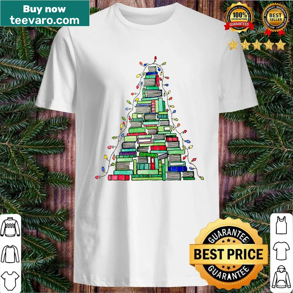 T-shirt with a whimsical Christmas tree made of books illustration.