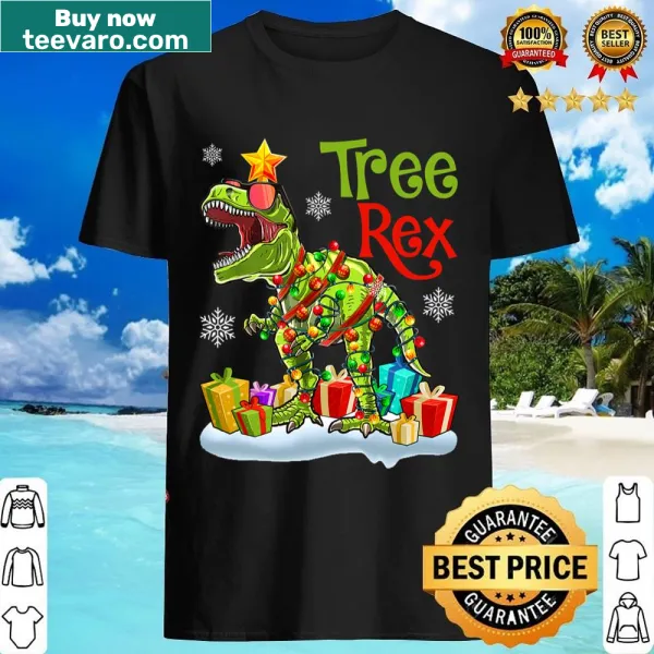 Funny T-shirt with a cartoon T-Rex in Christmas attire.