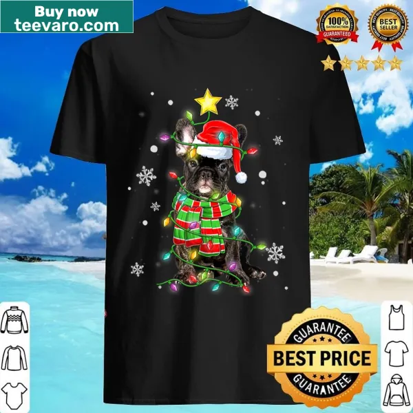 Festive T-shirt featuring a French bulldog in a Santa hat.