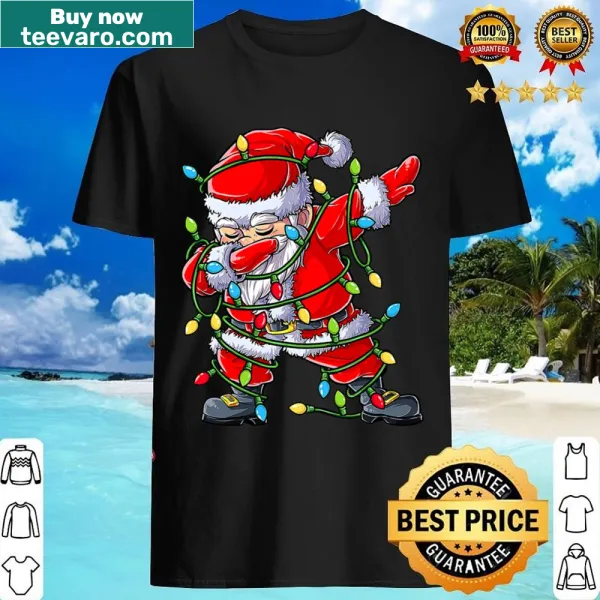 Dabbing Santa surrounded by Christmas tree lights in a fun graphic