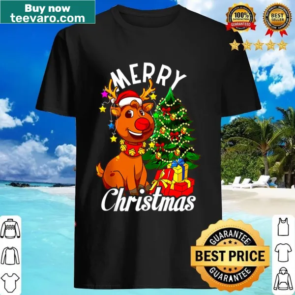 Christmas-themed shirt with a reindeer and tree illustration