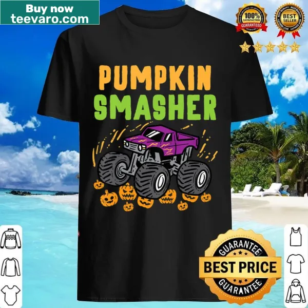 Kids t-shirt with a monster truck smashing pumpkins for Halloween