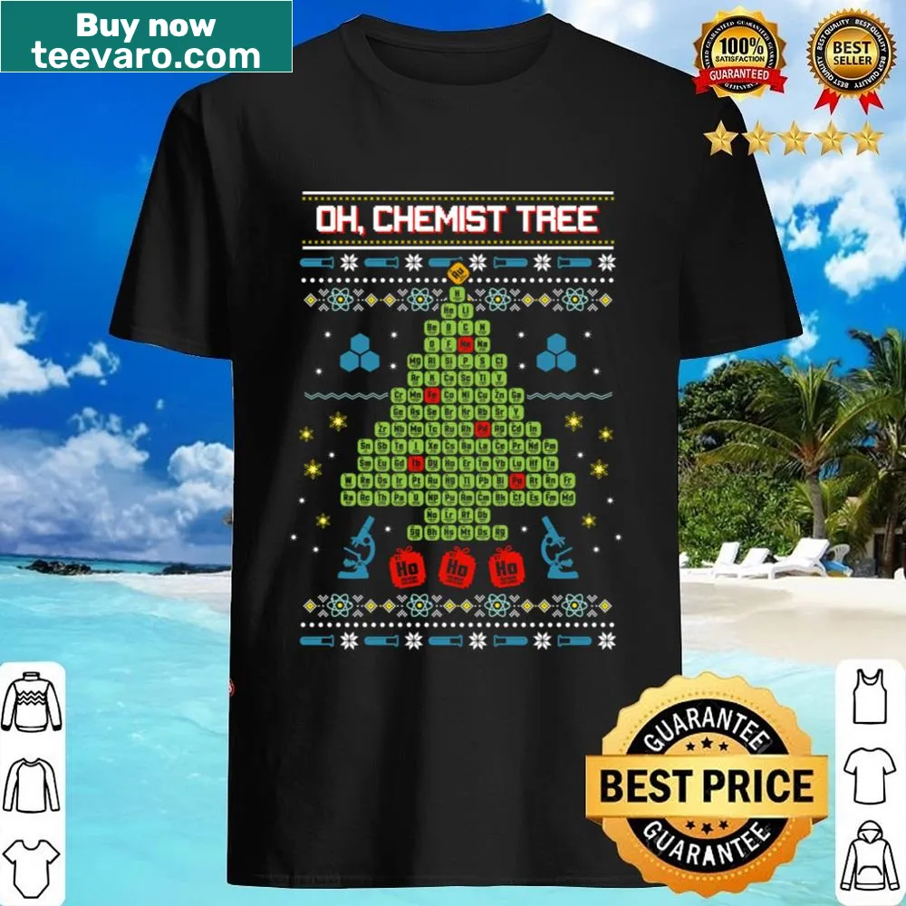 Funny Christmas t-shirt with a chemistry-themed tree design