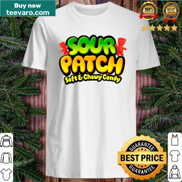 Red T-shirt featuring cartoon sour candies and playful text