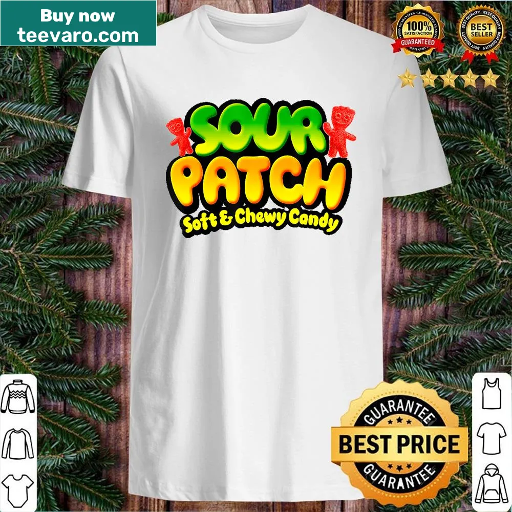 Red T-shirt featuring cartoon sour candies and playful text