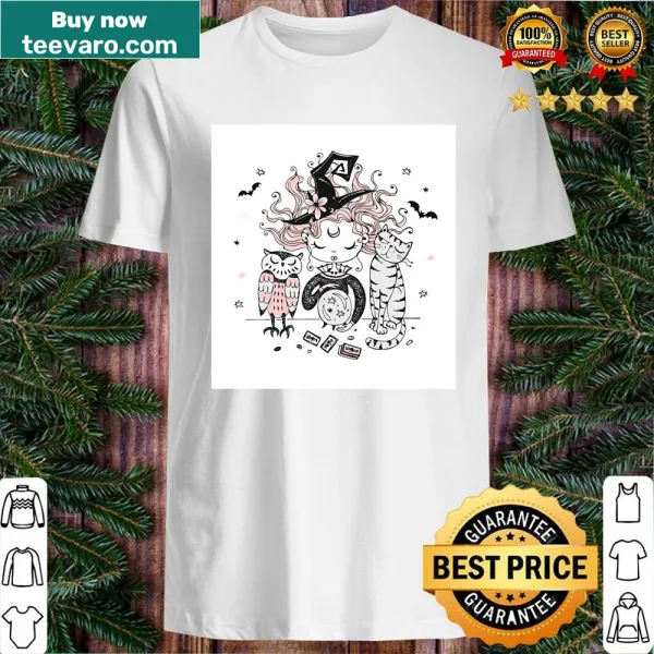 Illustration of a cat and an owl on a t-shirt.