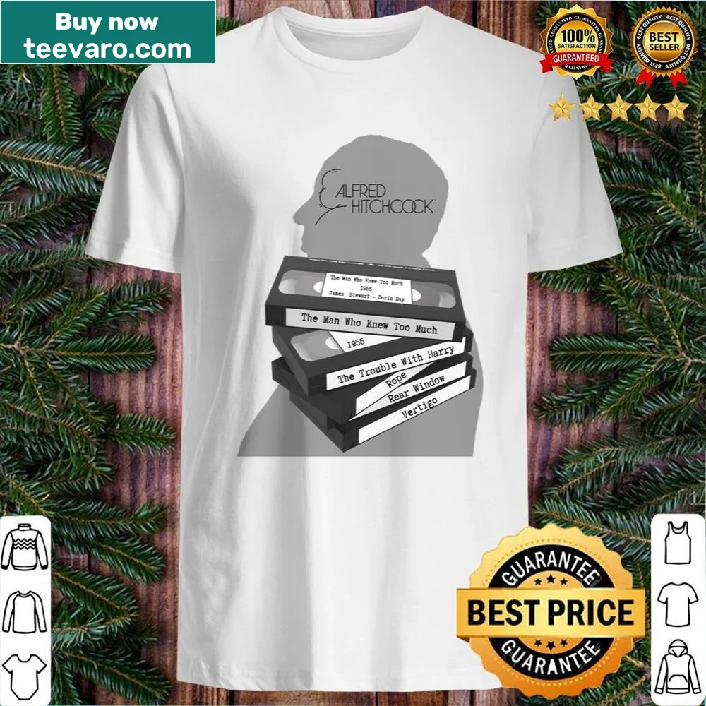 Vintage-style shirt featuring Alfred Hitchcock's classic VHS tapes