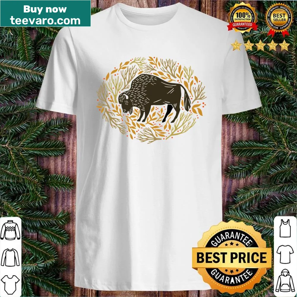 Illustrated shirt featuring a bison in a forest setting