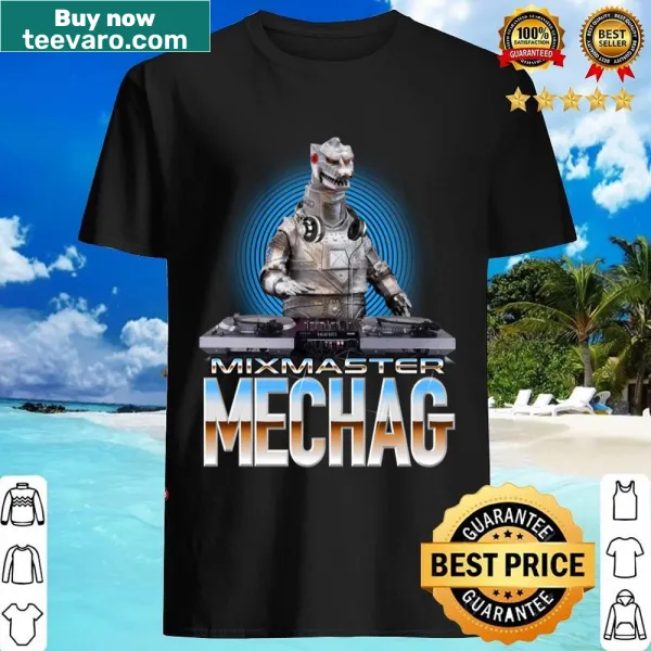 Illustration of Mechagodzilla on a bold graphic t-shirt.
