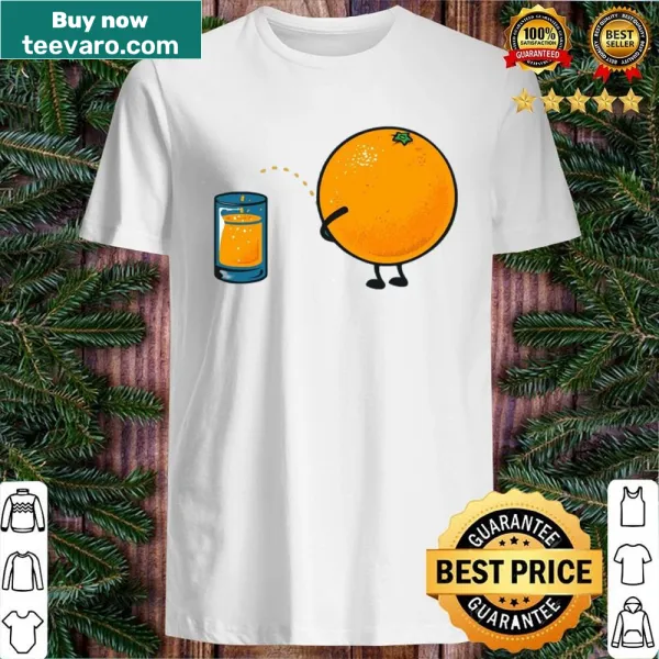Cheerful graphic t-shirt featuring an illustration of orange juice.
