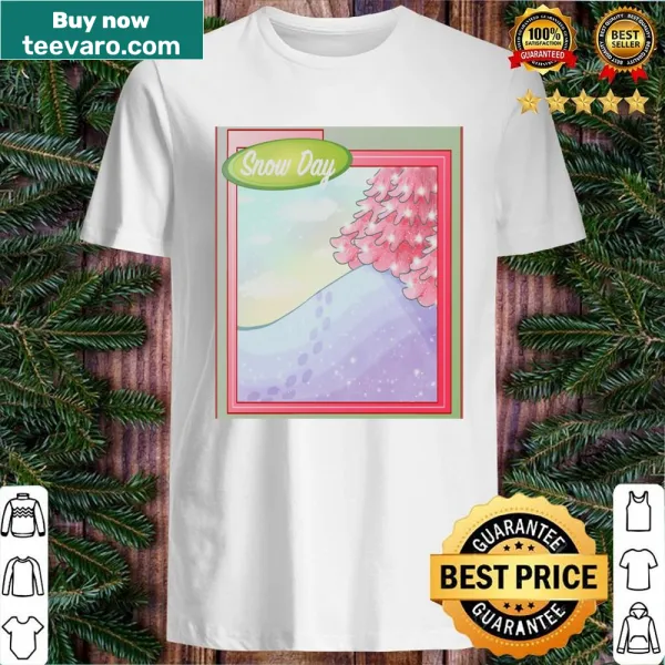Playful sticker design of a snowy winter scene on a t-shirt