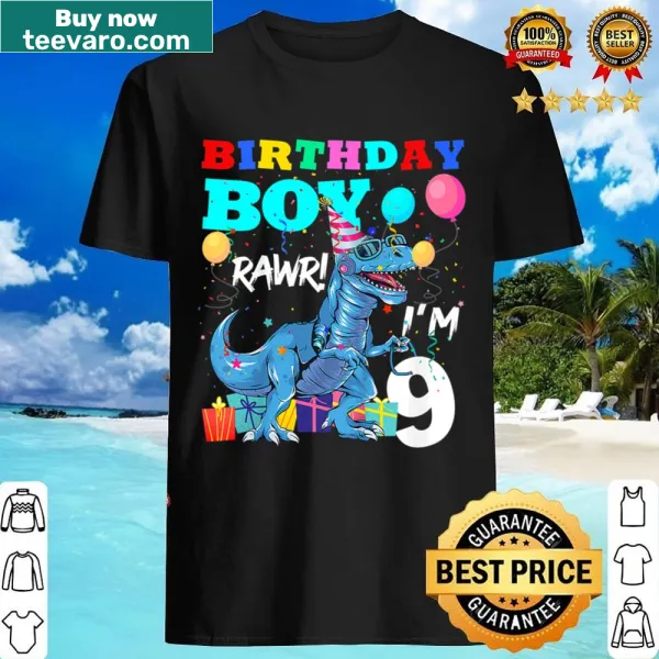 T-Rex dinosaur illustration with birthday hat and large '9' for kids