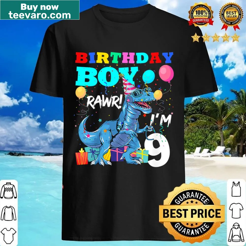 T-Rex dinosaur illustration with birthday hat and large '9' for kids