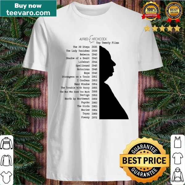 Shirt showcasing Alfred Hitchcock's top twenty films in typography