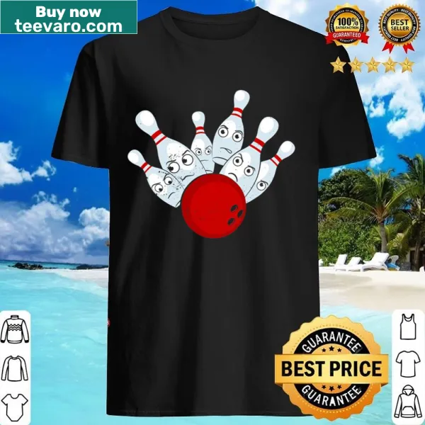 Cartoon bowling shirt with scared face bowling pins