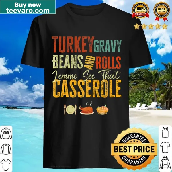 Festive shirt with turkey, gravy, beans, and rolls illustration and text