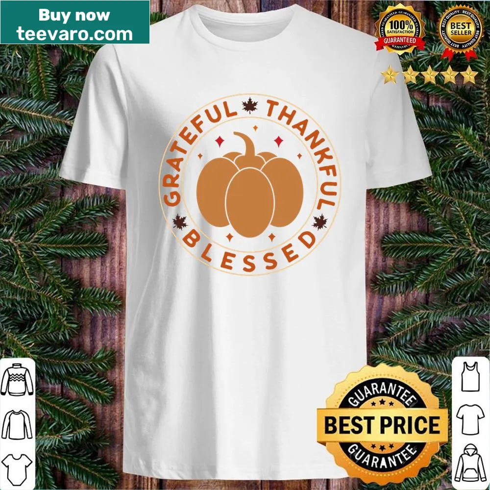 Thanksgiving shirt featuring pumpkins, turkeys, and grateful phrases