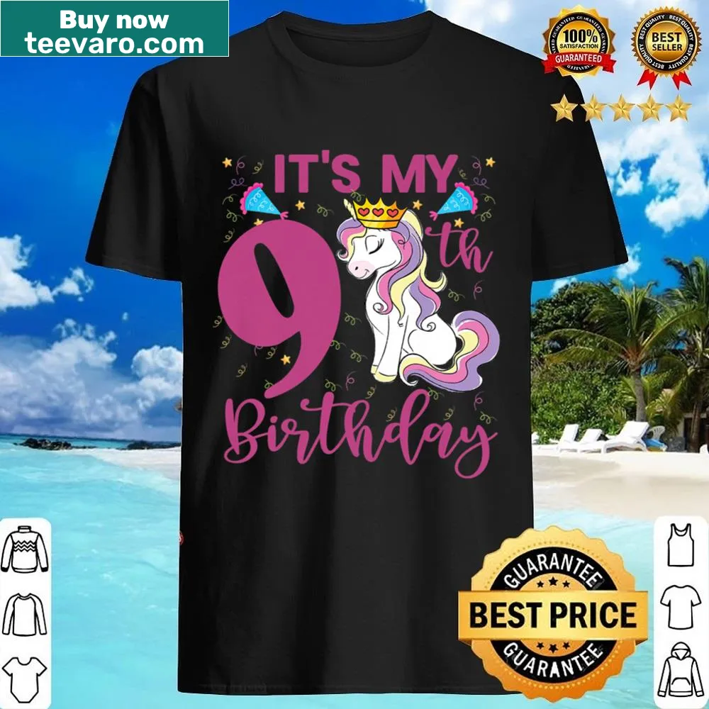 Cute unicorn birthday shirt for kids turning 9 years old