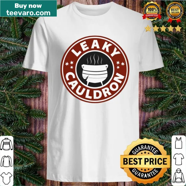 Minimalist silhouette design of the Leaky Cauldron on a red shirt.