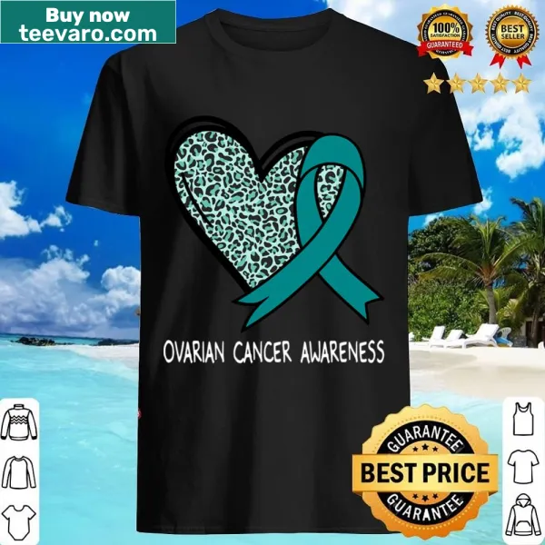 Leopard heart design with teal ribbon for ovarian cancer awareness on a shirt.