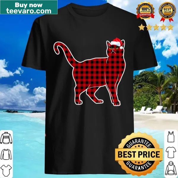 Cute cat illustration on a red plaid Christmas shirt for girls