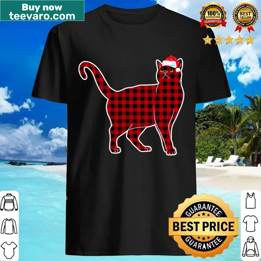 Cute cat illustration on a red plaid Christmas shirt for girls