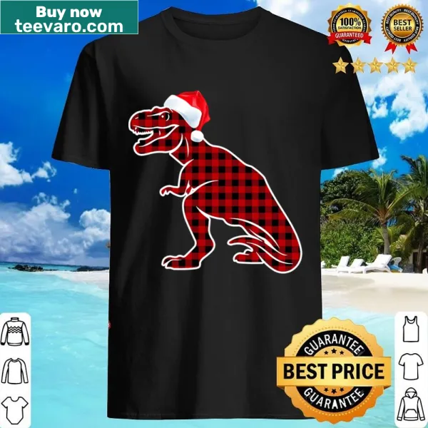 Cute T-Rex illustration on a red plaid Christmas shirt for kids