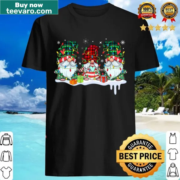 Men's shirt featuring three gnomes with buffalo plaid and Christmas lights.