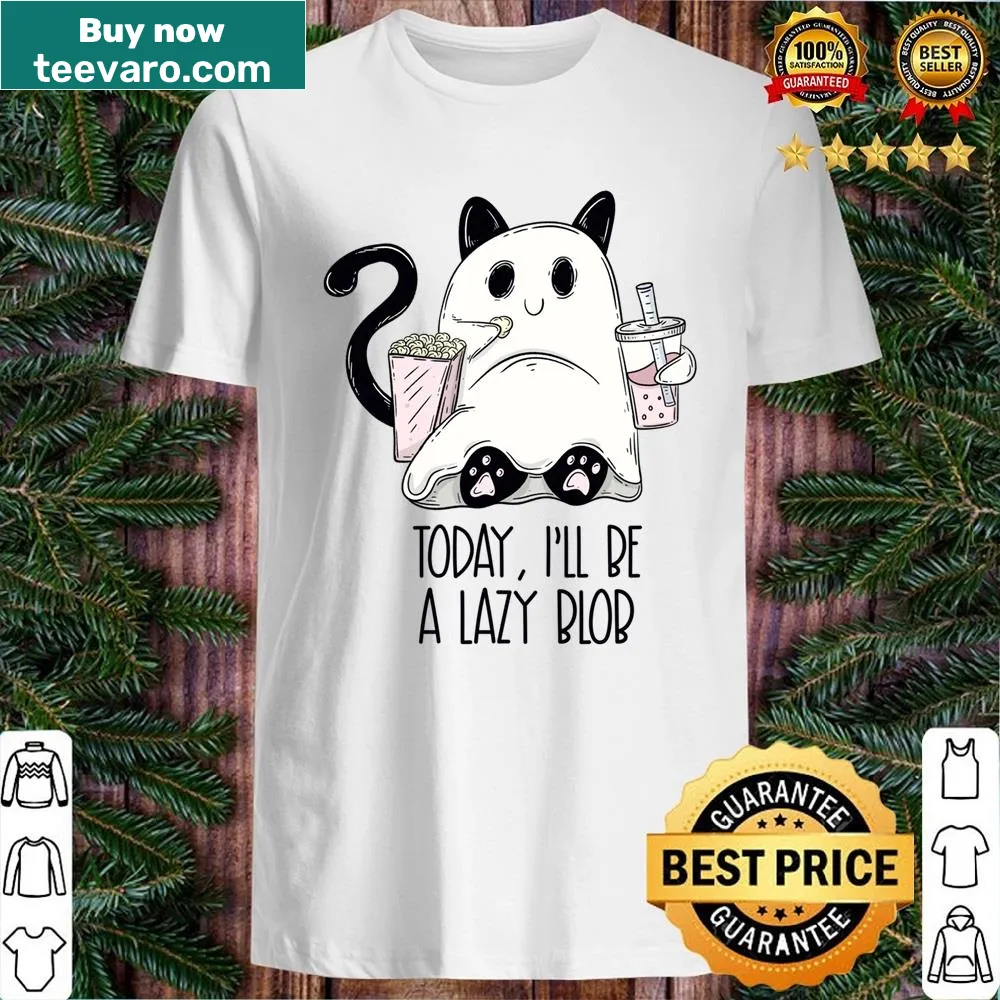 Cartoon ghost cat graphic with humorous text about laziness
