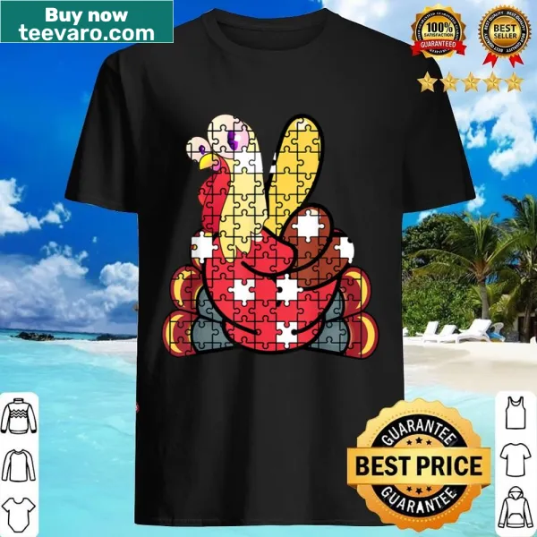 Illustrated turkey peace hand sign with puzzle pieces for Thanksgiving