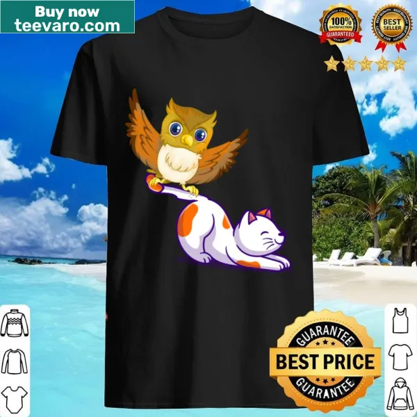 Shirt featuring a whimsical illustration of a cat and an owl
