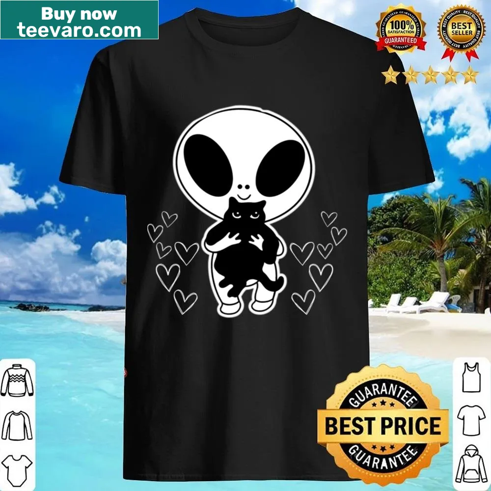 Cartoon shirt of an alien petting a cat