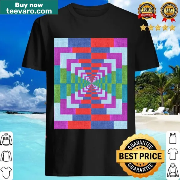 Patchwork graphic t-shirt with a mix of bold patterns and colors