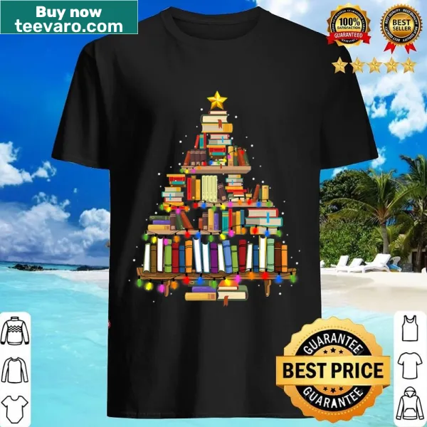 Funny librarian Christmas tree design shirt for book lovers.
