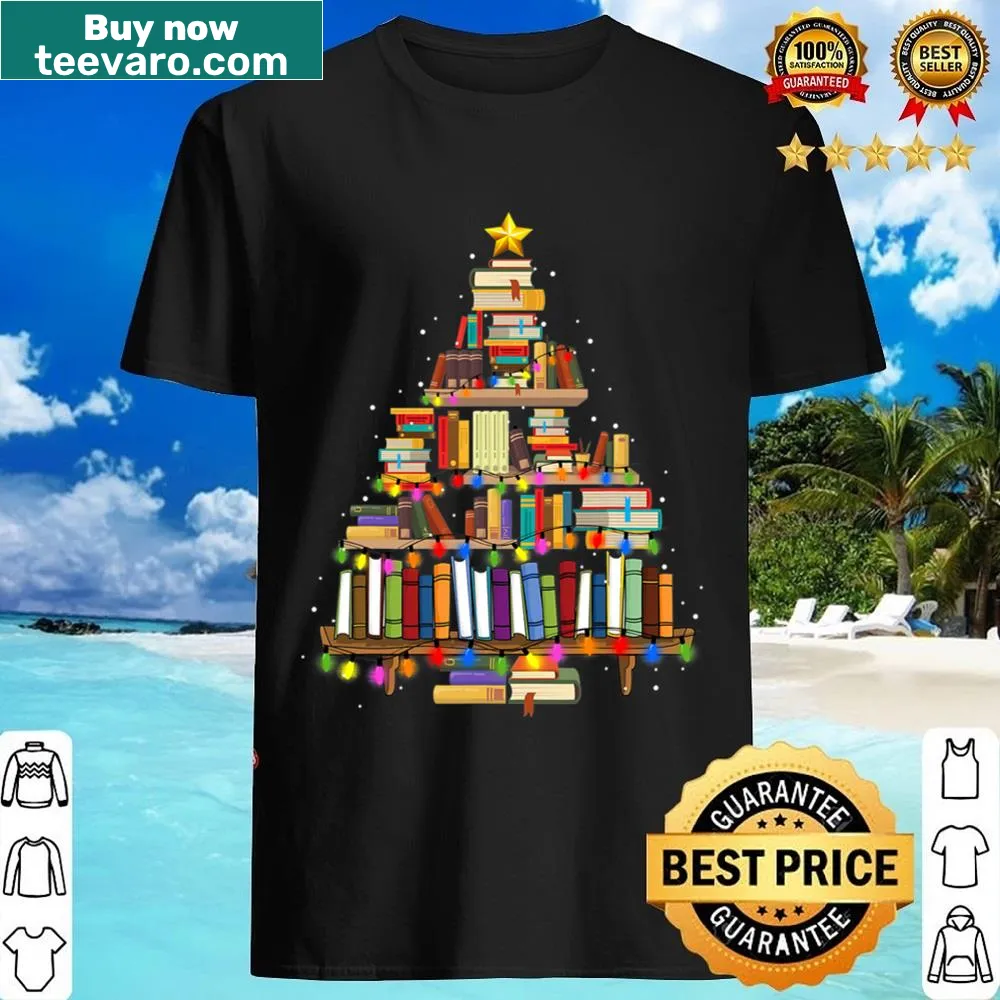 Funny librarian Christmas tree design shirt for book lovers.
