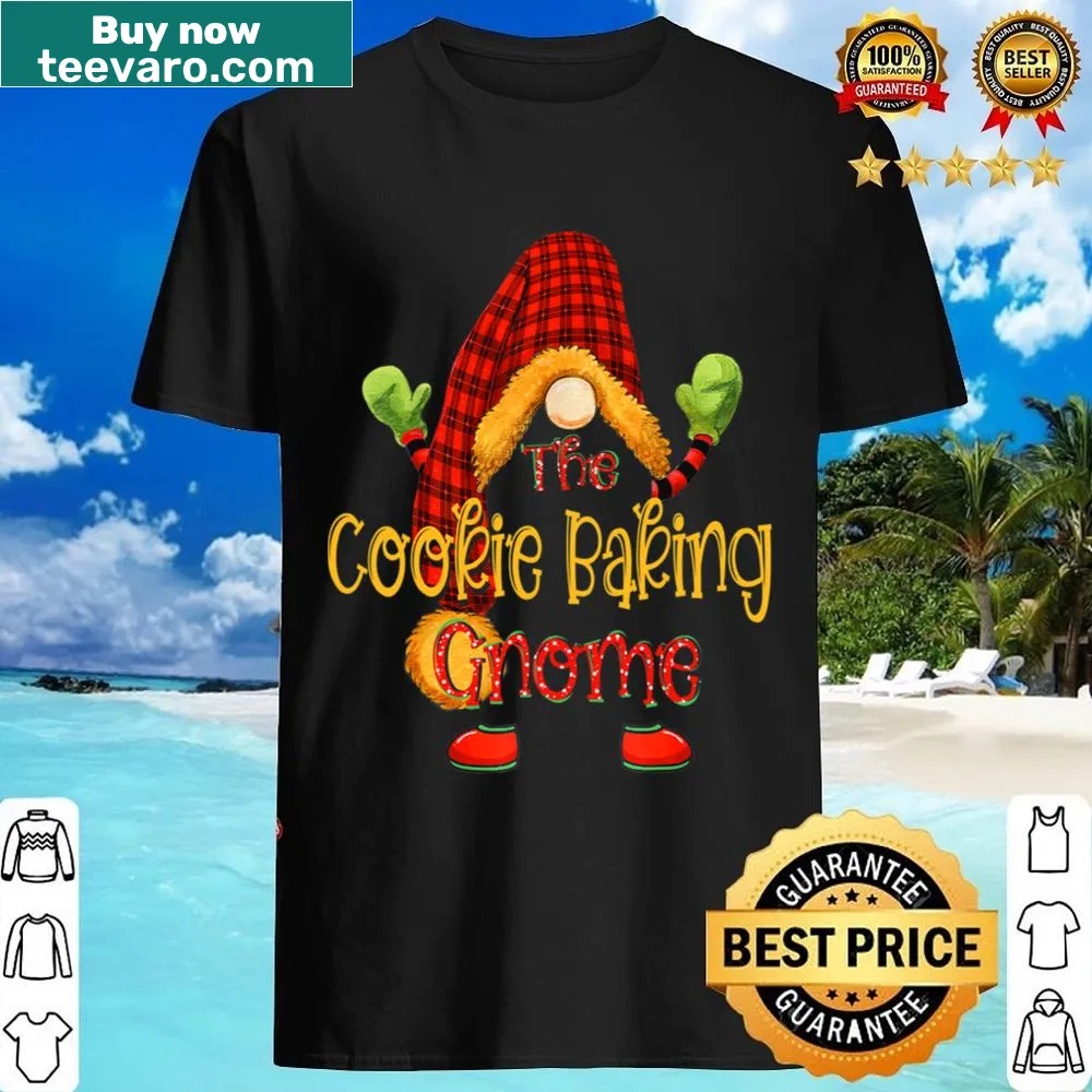 Gnomes baking cookies in buffalo plaid on a festive shirt