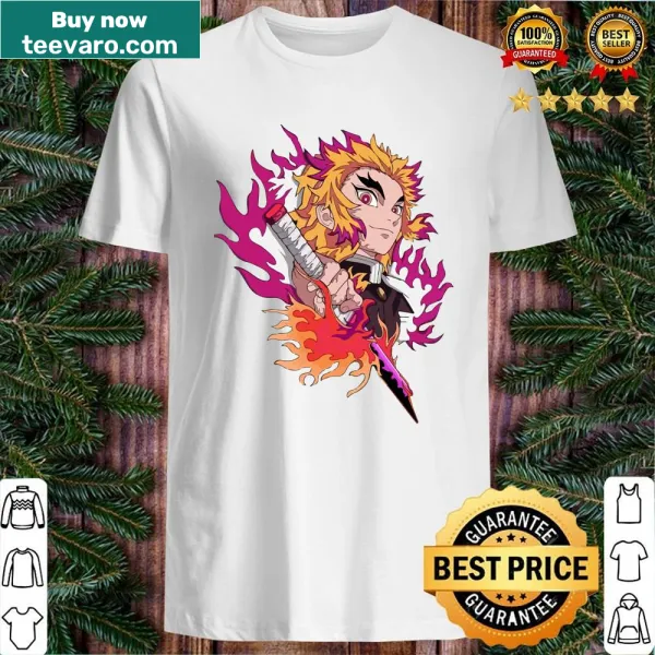 Bold illustration of a demon killer in crimson with flames